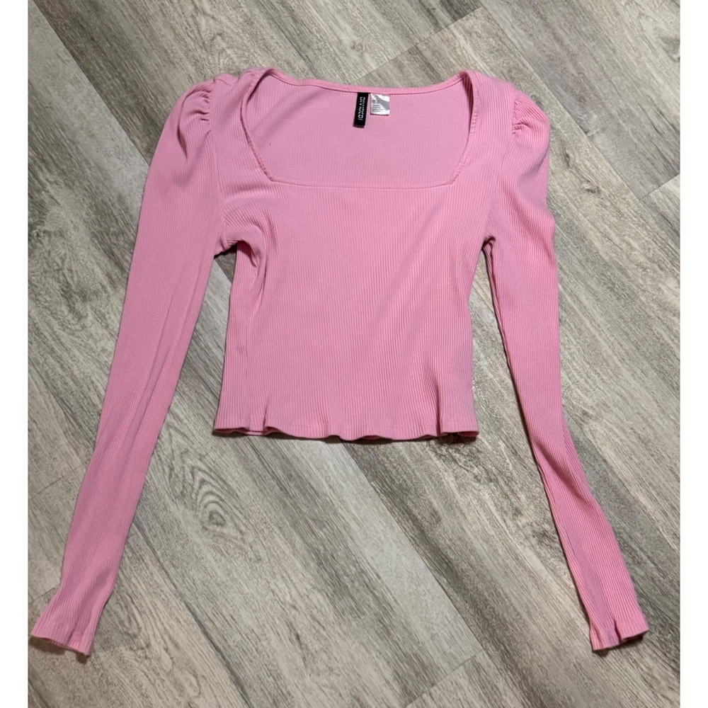 H&M Divided Pink Ribbed Square Neck Puff Sleeve Crop Top Women's‎ Medium